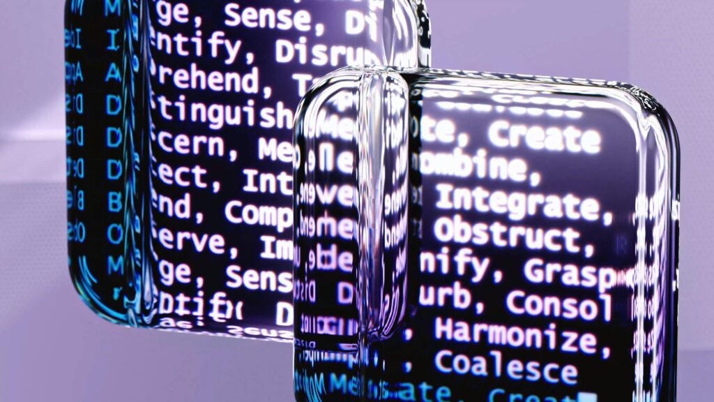 Close-up of curved glass surfaces reflecting and distorting lines of white text from a digital screen, with legible words surrounded by blue code atop a soft purple background.